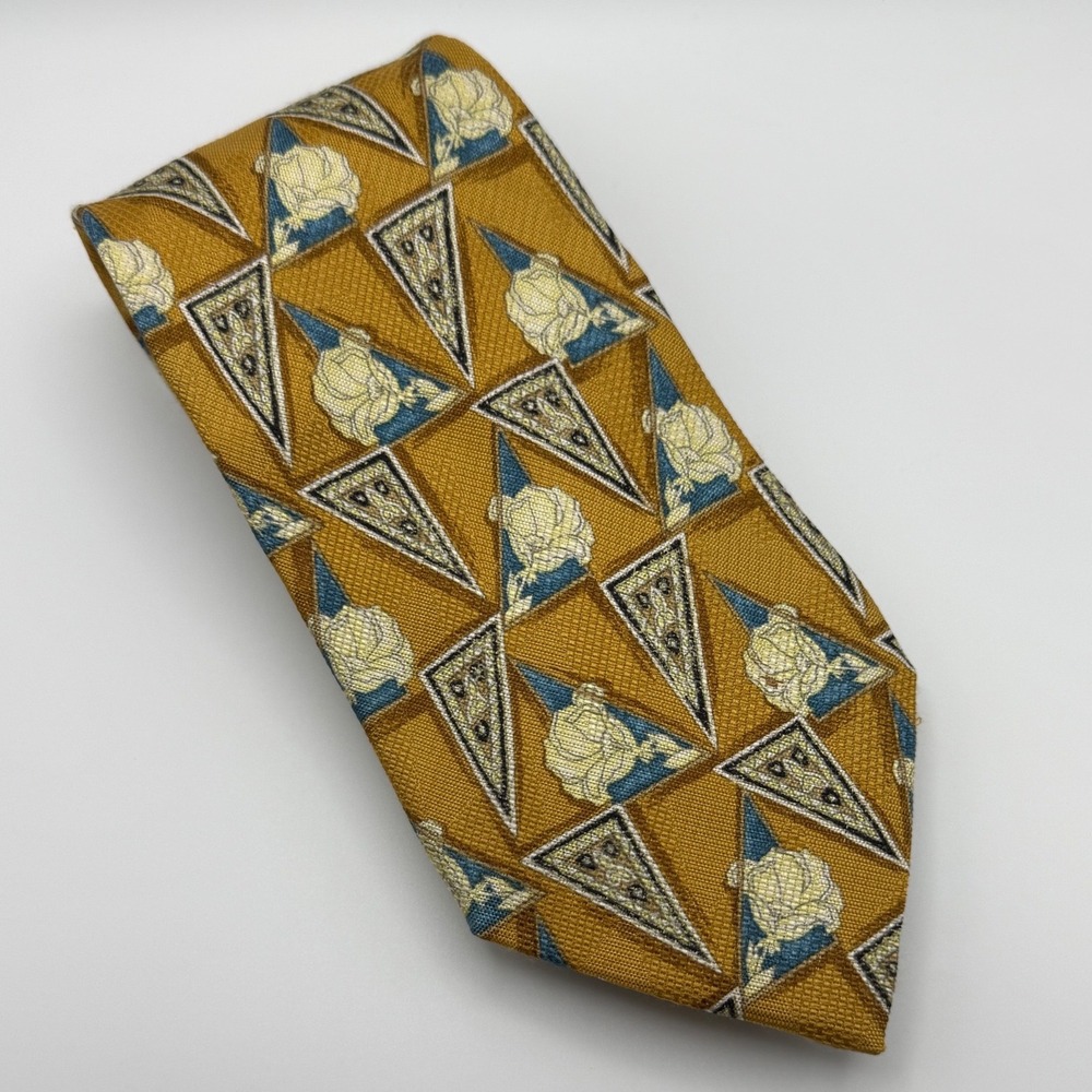 Ermenegildo Zegna Silk Tie OS Gold Blue Geometric Floral Luxury Italian Classic